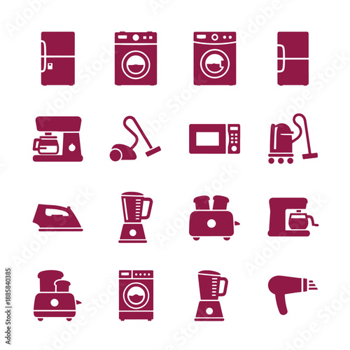 Maroon household appliances and tools set washing