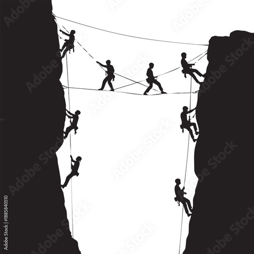 Silhouettes of people climbing and tightrope walking between two cliffs with ropes and safety gear