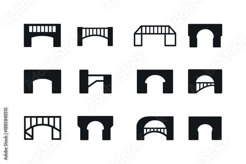 Skybridge Icon Variations. Skybridge. Icon set. Set Logo of skybridge: minimalist skywalk silhouette. harmonious logo variations of the same emblematic