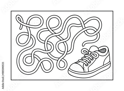 Shoelace Maze Coloring Page. Shoe lace maze children?s coloring book illustration, outlined drawing, playful shoelace path forming a simple maze ending at a
