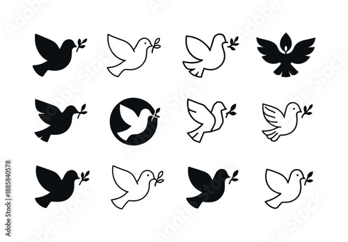 Catholic Charity Logos. Catholic charities. Icon set. Set Logo of Catholic charities: dove of peace. harmonious logo variations of the same emblematic concept,