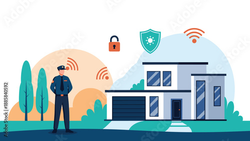 Illustration of a modern smart home security system with a security guard icons for wireless connection and digital protection.