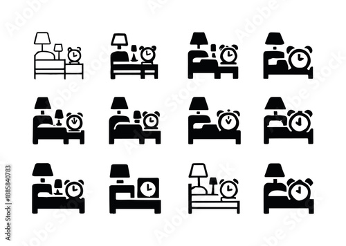 Alarm Clock Icons. Alarm Clock Set for the Morning Next to the Bed. Icon set. Set Logo of Alarm Clock Next to Bed: bedside lamp with alarm clock. harmonious