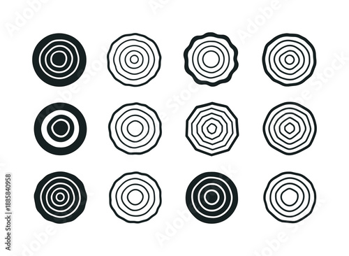 Tree Ring Logo Variations. Trunk. Icon set. Set Logo of Trunk: tree ring pattern. harmonious logo variations of the same emblematic concept, each