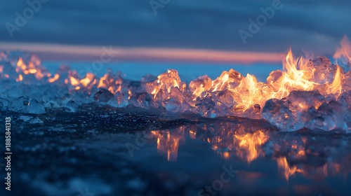 Burning Ice Cubes with Fire Flames and Reflection Concept. The dramatic contrast between freezing ice and burning fire creates a captivating visual metaphor representing dualities such as hot and cold
