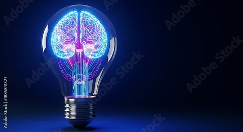 A Light Bulb with a Glowing Brain Inside Showing Neural Networks in Blue and Pink
