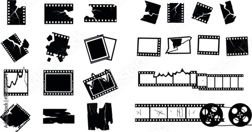 Collection of damaged film strips, broken movie frames and torn cinematic borders isolated on white.
