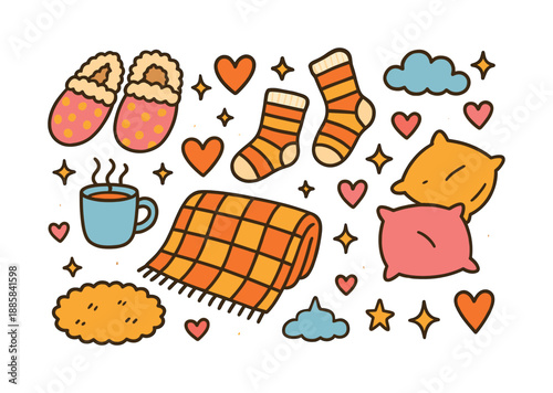 Cozy Home Icons. Soft Home Comforts. Colorful Hand-drawn doodle Children illustration fuzzy slippers, cozy socks, blanket, hearts, sparkles, soft rug, pillows,