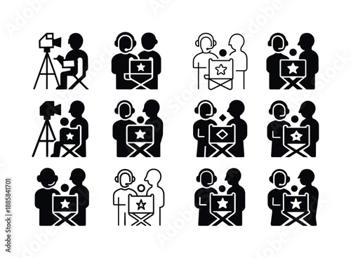 Film Set Logos. Film set with director and crew. Icon set. Set Logo of Film set with director and crew: headset communication. harmonious logo variations of