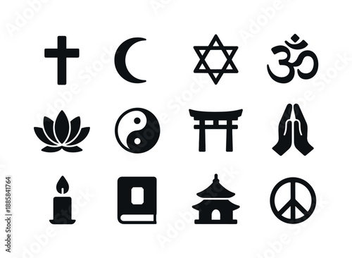World Religions Icons. World religions. Solid icon set of World religions: cross, crescent, star of david, om symbol, lotus symbol, yin yang, torii gate,