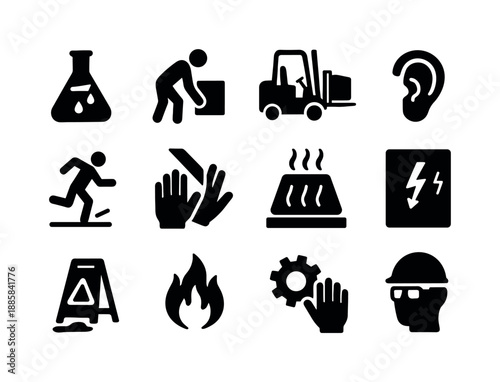Workplace Safety Icons. Workplace dangers. Solid icon set of workplace dangers: chemical hazard, heavy lifting risk, forklift zone, loud noise sign, trip