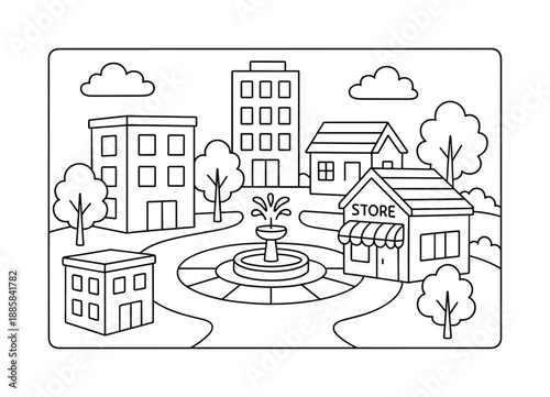 City Center Coloring. City district center children?s coloring book illustration, outlined drawing, a group of simple buildings gathered around a central