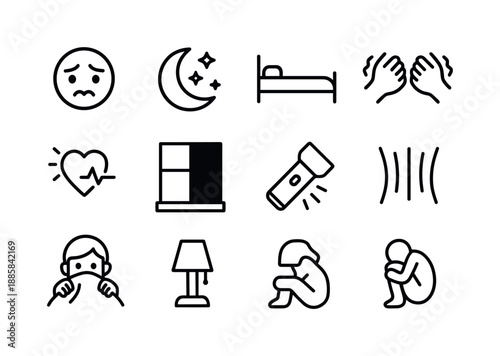 Nighttime Anxiety Icons. Nighttime anxiety. Line icon set of nighttime anxiety: anxious face, moon icon, stars, bed silhouette, shaking arms, heart racing
