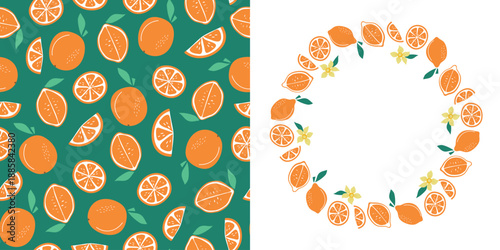 Oranges, round frame, banner, and pattern with simple abstract fruits. Slices, halves, and whole citrus fruits. Natural food. Colored flat illustration. Seamless bright colored background.