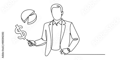 Continuous line drawing of a businessman analyzing finance and investment Vector, illustration