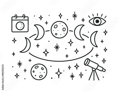 Lunar Phases Illustration. Lunar phases. Hand-drawn doodle illustration lunar phases full moon, crescent, half moon, waning moon, waxing moon, orbit line,
