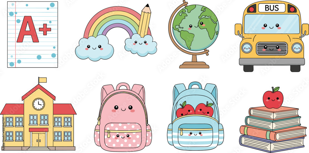 Naklejka premium Cute back to school cartoon illustration set featuring education icons school bus backpacks books and supplies
