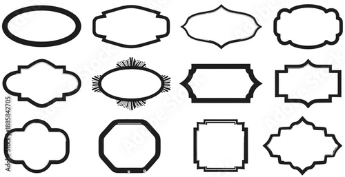 A collection of twelve blank decorative frames and labels with thick black borders and various elegant shapes, suitable for design projects.