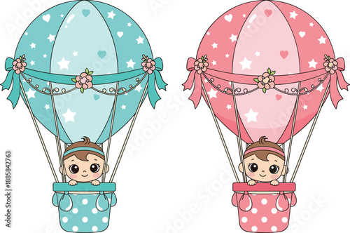 Cute baby cartoon characters riding pastel hot air balloons illustration for nursery children decoration design