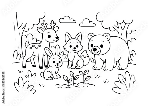 Woodland Animals Coloring. Forest animals returning children?s coloring book illustration, outlined drawing, friendly woodland animals exploring a clearing