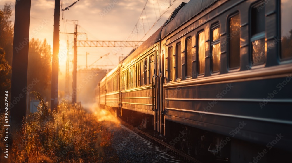 Fototapeta premium Scenic Sunset Journey on Train Tracks Surrounded by Nature with Soft Light, Bringing Warmth and Tranquility to the Evening Landscape