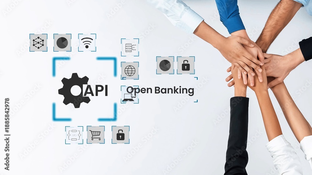 Obraz premium Diverse Hands Joining Together to Represent Collaboration and Innovation in Open Banking and API Technology Gluon.