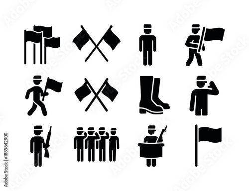 Color Guard Icons. Color guard. Solid icon set of Color guard: flag line, ceremonial poles, guard stance, color presentation, marching icon, crossed flags,