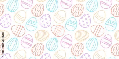 Seamless pattern with colorful eggs. Happy Easter, spring april holiday, celebration. White background. Decoration for prints, banners, projects, packaging, scrapbook. Vector illustration. Flat design
