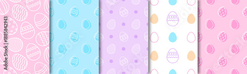 Happy Easter seamless pattern set. Eggs, polka dot. Spring april holiday, celebration. Decoration for prints, banners, packaging, scrapbook, background. Vector illustration. Flat colorful design.