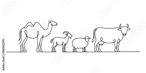 Farm animals collection in a single line art style Vector, illustration