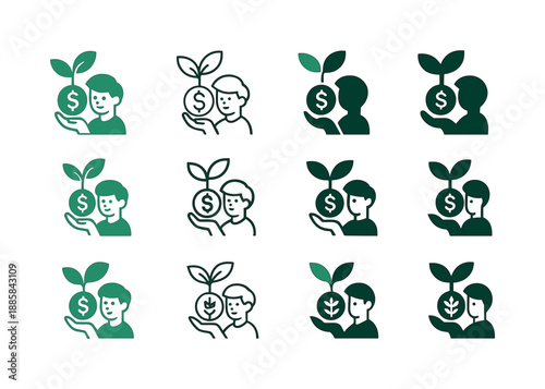 Youth Financial Icon Set. Financial literacy for youth. Icon set. Set Logo of Financial literacy for youth: growing money plant. harmonious logo variations of