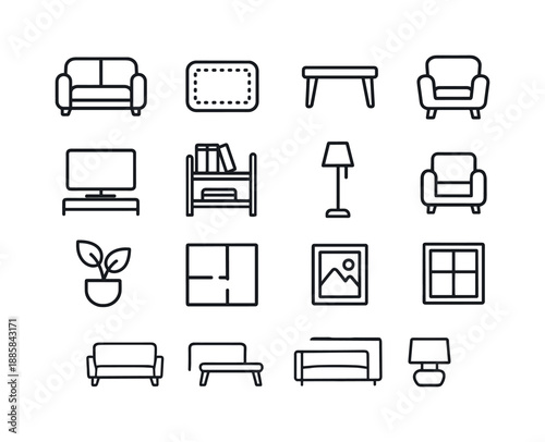 Living Room Icon Set. Living Room Layout. Line icon set of Living Room Layout: sofa, rug, coffee table, armchair, TV, bookshelf, lamp, side table, plant, floor