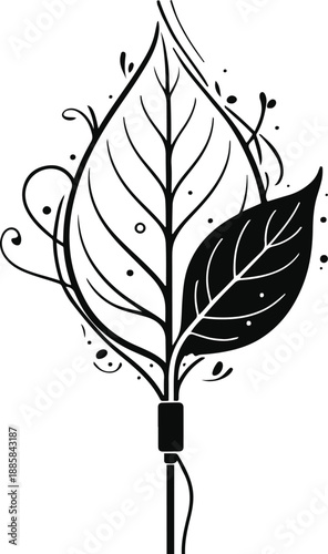 Digital detox concept, unplugged cable transforming into leaf, symbolic black and white vector