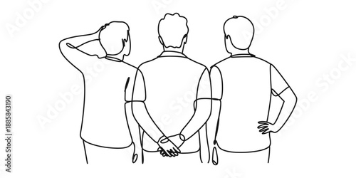 Three men standing with their backs turned, one scratching head Vector, illustration