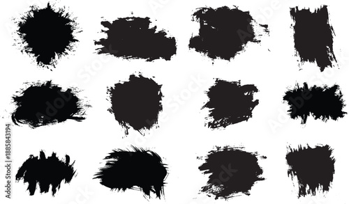 A set of twelve black ink brush strokes isolated on transparent background silhouette