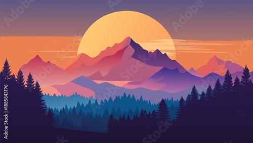 A beautiful flat design illustration of a vibrant mountain landscape at sunset with colorful layers and pine trees