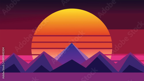 Retro sunset landscape with vibrant colors and geometric mountains evoking 80s synthwave aesthetics