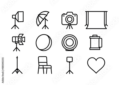 Studio Lighting Icons. Studio Lighting. Line icon set of Studio Lighting: softbox, umbrella light, tripod, camera, backdrop, spotlight, reflector, lens, film
