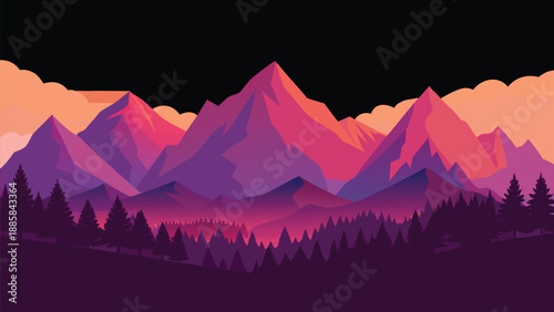 A stylized digital landscape illustration featuring geometric mountains under a colorful sky
