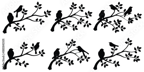 Several branches with leaves show multiple bird silhouettes perched upon them, all in black
