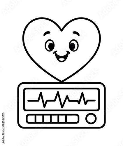 Heart Rate Coloring Fun. Heart-rate monitor children?s coloring book illustration, outlined drawing, a cartoon heart with a simple interval bar timer beneath