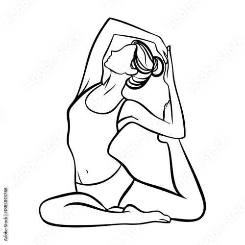 Dibujo sencillo con líneas de una mujer sentada en una posición de yoga