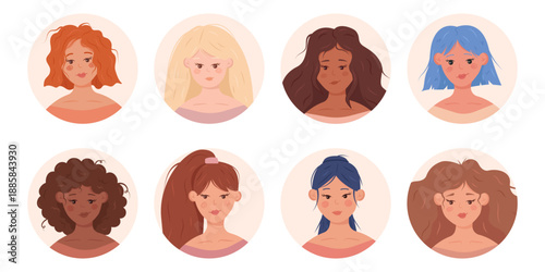 Diverse women avatar set. Minimal flat female portrait icons in pastel style