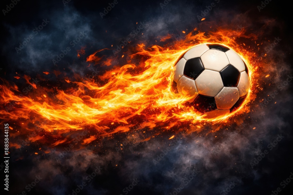 Naklejka premium Flaming Soccer Ball Flying Through Dark Space