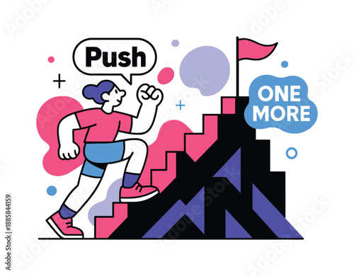 Geometric Hill Climb. Hill Workout Challenge. A character climbs or lunges up a geometric hill made of sharp steps, with bold text like ?Push? and ?One More?