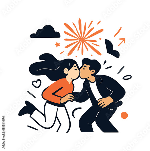 Firework Kiss Moment. Surprise firework kiss. Two figures lean in for a kiss as the first unexpected firework burst lights up the night. The moment glows with