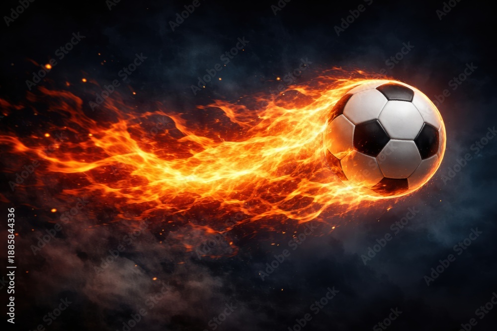Fototapeta premium Flaming Soccer Ball Flying Through Dark Space