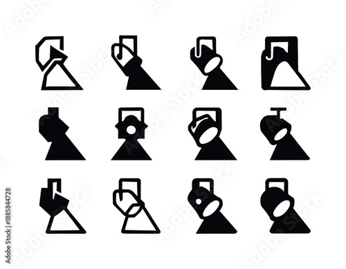 Theater Icon Variations. Theater Performance. Icon set. Set Logo of Theater Performance: theater spotlight beam. harmonious logo variations of the same