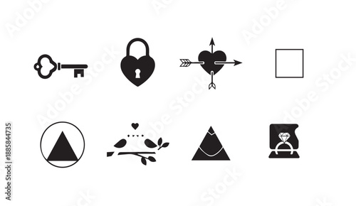 Collection of 8 black and white icons including key, lock, heart, and geometric shapes.