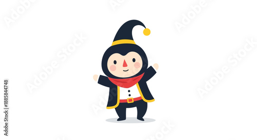A cartoon character wearing a jester's hat and red scarf stands with arms outstretched in a playful pose illustration